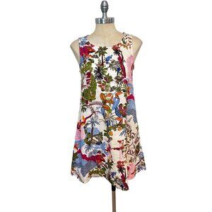 Nicole Miller Sleeveless A-Line Dress With Vibrant Tropical Print 100% Linen XS